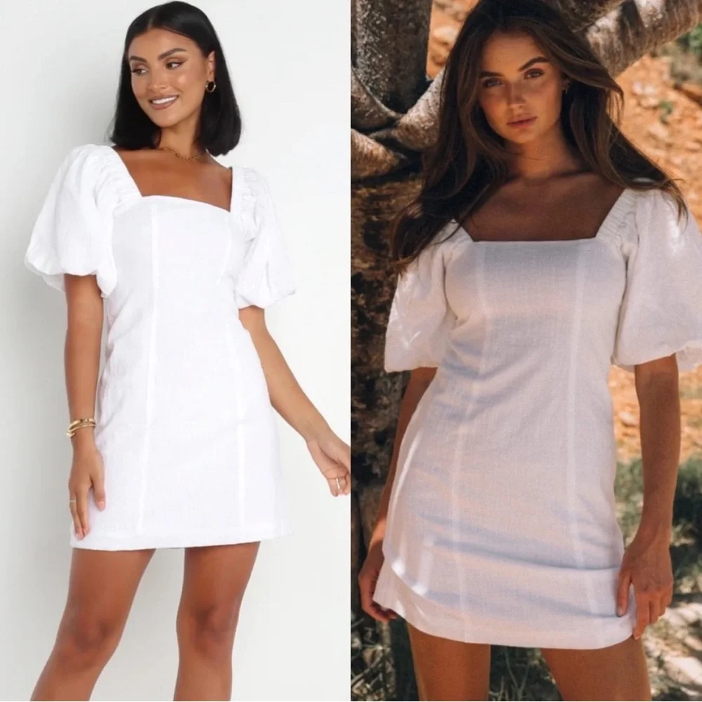 NWT SNDYS X Revolve White Tuscany Cotton Puff Sleeve Mini Dress Smock Boho XL - Picture 11 of 11